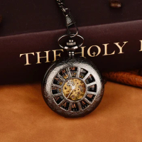 Hanging watch Large chain hollowed-out wheel black pocket watch Roman scale black mechanical pocket watch