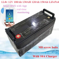 12.8v 12V 100Ah 120ah LiFePO4 LFP Battery smart BMS 100A -150A App bluetooth for Boat motor Solar Energy ups + 10A charger