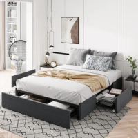 Full size platform bed frame with 3 storage drawers, fabric cushion, wooden board support, noise free,easy to assemble,dark gray