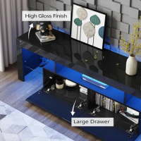 Black TV Stand for 55+/65+/70/75 In TV, Entertainment Center, LED Media Console, TV Table with Storage &amp; Glass Open Shelves
