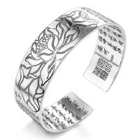 S925 Silver new woman men's fashion jewelry retro lotus carving Buddhist scripture blessing Adjustable Bangle