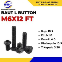 Baut L Button Baja 10.9 M6 X 12 FT Pitch 1.0 Button Socket Cap Screw / Button Baja Hitam M5 Pitch 1.
