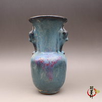 古董瓷器收藏 宋鈞窯 窯變藍釉一點紅 雙耳花瓶 古玩仿古陶瓷器
