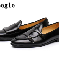 SHOOEGLE Men Vintage Casual Shoes Double Monk Strap Buckle Loafers Black Leather Wedding Party High Quality Dress Shoes Man