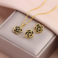 New Light Luxury Black Rose Pendant Necklaces Earrings For Women Female Daily Wear Stainless Steel Jewelry Set Girls Party Gift