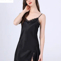 Birdtree 16MM 100%Real Silk Nightgown for Women, Spaghetti Strap Lace, Sexy Pajama Dress, 2024 Spring New Sleepwear P42124QM