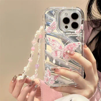 Deluxe Electroplated Butterfly Case for iPhone 11 12 13 14 Pro Plus Max Pearl Chain Case for Apple iPhone X XS XR 7 8 Mirror