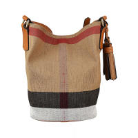 BURBERRY 巴寶莉  The Ashby Canvas格紋LOGO流蘇設計帆布扣式斜背包(小/棕)