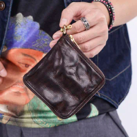 Retro first layer leather wallet, men's short leather wallet, trendy men's horizontal zipper coin purse