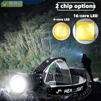 16芯XHP160 強力LE頭燈可充電USB頭燈XHP100 18650頭燈釣魚狩獵變焦手電筒