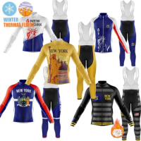 2023 Warm Winter Fleece Retro New York Cycling Team Jersey Set Mens Cycling Clothing Long Sleeve MTB Maillot Ropa de Ciclismo
