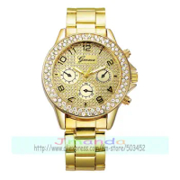 100pcs/lot Geneva Alloy Watch Luxury Gold Quartz Casual Watch Fashion Ladies Dress Wrist Watch Double Row Crystal Bling Watch