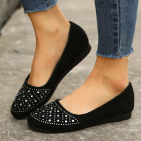 Women's Shine Rhinestone Flats Shoes Round-Toe Slip on Shoes for Women Black Flats Ladies Boat Shoes Women Shoes Zapatos Mujer