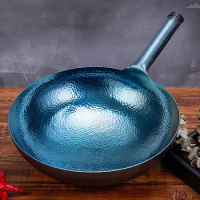 Chinese Traditional Hammered Iron Wok Blue Seasoned Wok 2mm Thickness Uncoated Kitchen Cookware Round Bottom Woks