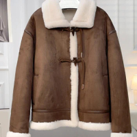 2023 Autumn/Winter New Sheep Fleece Composite Fur and Fur Integrated Fur Short Coat for Women's Grain Fleece Lamb Wool Coat
