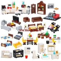 Indoor Home Furniture Series Building Block Accessories Bed Sofa Table Chair Kitchen Bathroom Appliances Creativity Toy Kid Gift