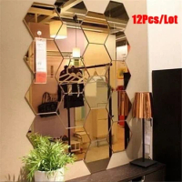 12Pcs Hexagonal Frame Stereoscopic Mirror Wall Sticker Decoration