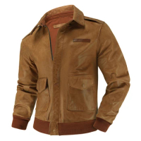 A2 Air Force Flight Suit Vintage Oil Wax Cowhide Leather Jacket Men's Classic Distressed Lapel Slim Military Style Flight Suit