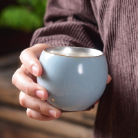 五大名窯鎏銀茶杯陶瓷功夫茶具家用銀杯子999純銀主人杯單杯茶盞