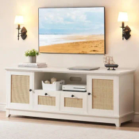 TV Stand for 65+ Inch TV, Rattan Entertainment Center TV Media Console Table, TV Console Cabinet Furniture for Living Room