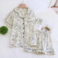 Woman Pajama Home Clothes Two-piece Set For Summer Short Sleeve Top Shorts Cotton Suits Women Sleepwear Pajama Femme Loungewear