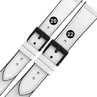 【Watchband】20.22 mm / 各品牌通用 經典復刻 黑鋼扣 外層真皮 內層橡膠錶帶(白色)
