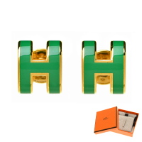 【Hermes 愛馬仕】H608002F 83 經典Mini Pop H 簍空LOGO耳針式金邊耳環(綠色)