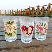 日式手繪花卉玫瑰水晶玻璃杯家用錘紋杯喝水杯子啤酒杯情人節禮物