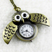 Vintage Bronze Retro Slide Smart Owl Pendant Long Chain Mechanical Necklace Pocket Watch Hand-winding Men Women Chain Gifts