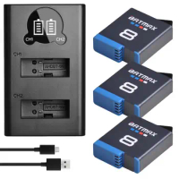 Batmax 3 Packs Battery + LCD Dual Charger with Type C Port for Gopro Hero 8 7 Black Hero 6 Hero 5 Full Decode Camera Accessories