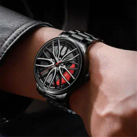 Men Quartz Watch Round Hidden Clasp Chronograph with Car Wheel Rim Hub Design Automatic Quartz Wristwatch Male Clock for Office