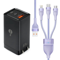 【MyStyle】65W GaN氮化鎵極速充電器-黑+倍思 66W USB TO TYPE-C/Lightning/Micro快速充電線-紫(1A2C)