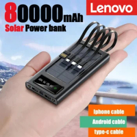Lenovo 80000mAh Solar Power Bank Built Cables Solar Charger 2 USB Ports External Super Fast Charger Powerbank with LED Light