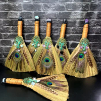 Broom Large Broom Natural Amethyst Tree of Life Peacock Feather Altar Ornaments Broom and Dustpan Set