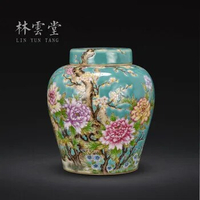 Lin Yuntang hoard of green hand colored enamel peony flower tea pot handmade ceramic seal decorative furnishing articles