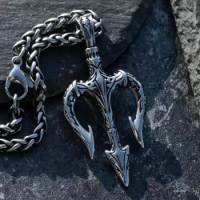 Vintage Neptune Poseidon Trident Pendant Sailor Harpoon Necklace Mens Womens Ancient Greek Amulet Jewelry