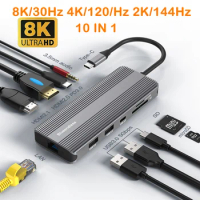 8K Dual HDMI USB C Laptop Docking Station 10in1 MST USB 3.0 RJ45 PD 4K 120Hz 2K 144Hz Hub for Macbook HP DELL Surface Lenovo
