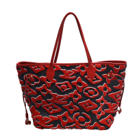 LV Louis Vuitton路易威登 M45544 經典LVXUF NEVERFULL MM簇絨Monogram帆布肩背包(黑/紅色)