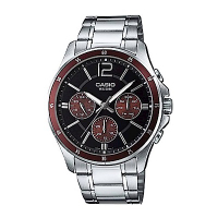 CASIO 低調奢華三針三眼風格不鏽鋼錶(MTP-1374D-5A)黑x紅/44mm