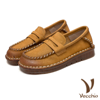 【Vecchio】真皮樂福鞋 平底樂福鞋/全真皮頭層牛皮手工縫線小圓頭平底樂福鞋(黃)