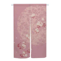 Noren Japanese Style Doorway Curtain Pink Blossom Flowers Moon Printed Door Curtain Window Treatment Door Tapestry
