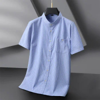 Plus Size Summer Men's Business Short Sleeve Striped Shirt Stand Collar Casual Loose Shirt Male 5XL 6XL 7XL 8XL 10XL