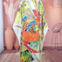 Kuwait Popular 2022 Summer Bohemian Loose Printed Silk Kaftan Long Dress Oversize African Fashion Abaya Muslim Lady Boubou