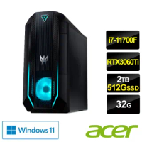 【+Office 2021】Acer Predator Orion PO3-630 i7電競電腦(i7-11700F/32G/2TB+512G SSD/RTX3060Ti 8G/W11)