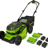 Greenworks 48V (2 x 24V) 21" Brushless Cordless (Self-Propelled) Lawn Mower (LED Headlight), (4) 4.0Ah Batteries and (2) Dual