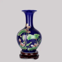 Jingdezhen Vintage Blue Ceramic Vase Matte Blue Glaze Vase Lotus Print Decorative Chinese Vases Table Vase Decorations for Home