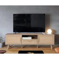 Living Room Entertainment Center TV Table With Storage TV Console With 2 Hand Made Rattan Decorated Doors Natural Stand Cabinet