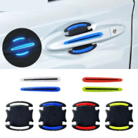 8Pcs 3D Car Reflective Sticker Carbon Fiber Decals Door Handle Bowl Protective Warning Strips Stickers Car Exterior Accessories