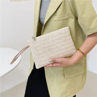 New Big Wallet Wheatgrass Braided Woven Bag Women's Clip Bag Hand woven Bag Mobile Phone Change Bag Handheld Bag 2024