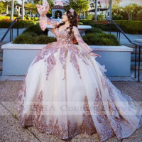 Mexican vestidos de 15 años Quinceanera Dress with Removeable Sleeves Sequin Applique Custom Sweet 16 Dress Long Prom Gown